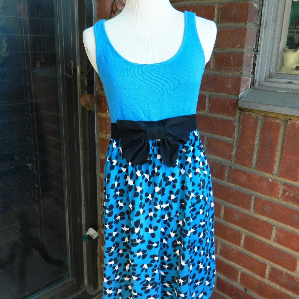 Betsey Johnson Blue Leopard Bow Sweater Dress L